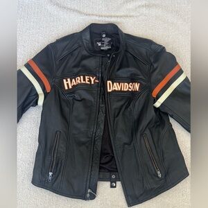 Harley-Davidson Black Leather Jacket with Orange and White Stripes